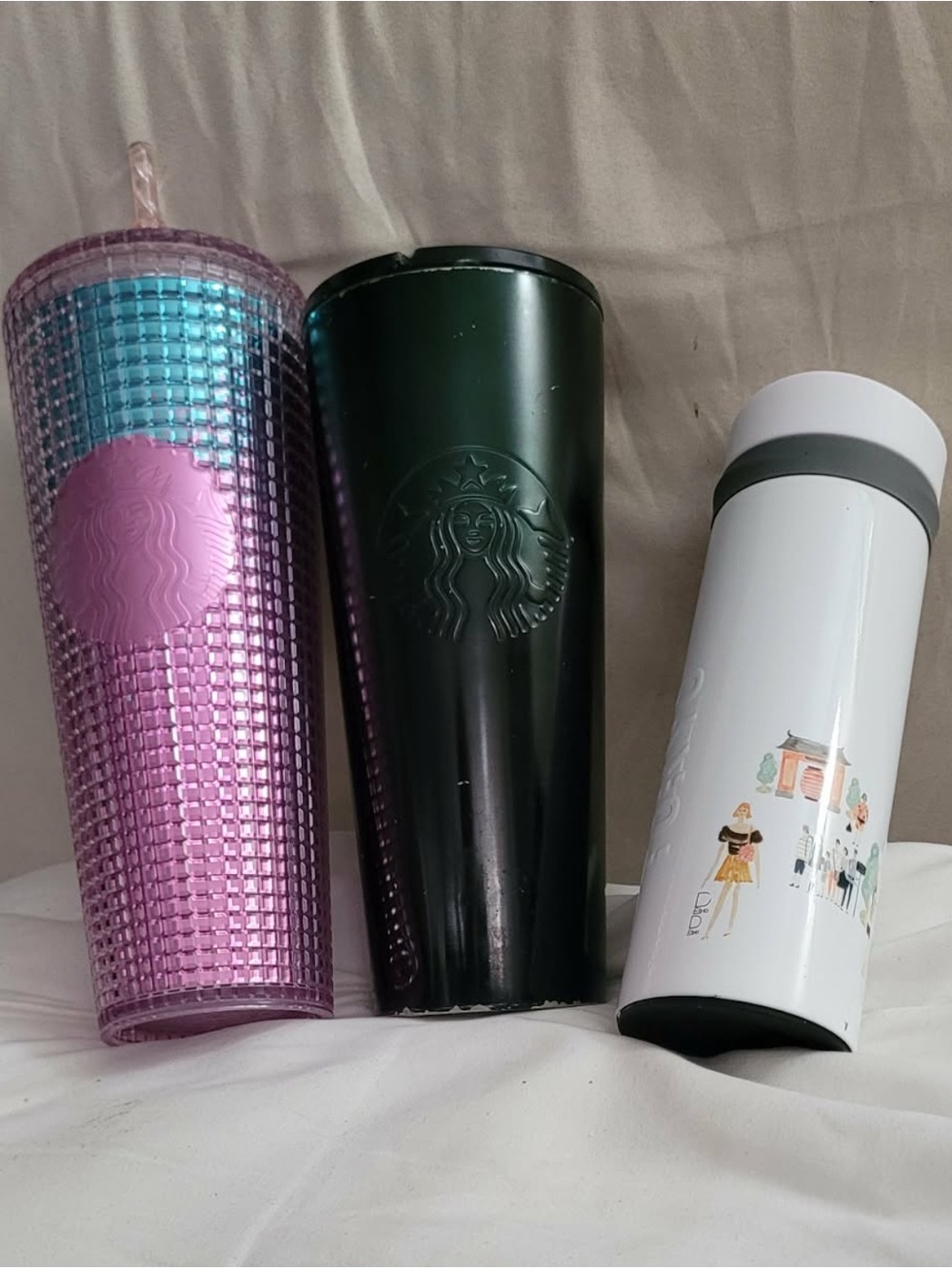Starbucks Pink Studded Tumbler, Green Embossed Tumbler, White Travel Bottle